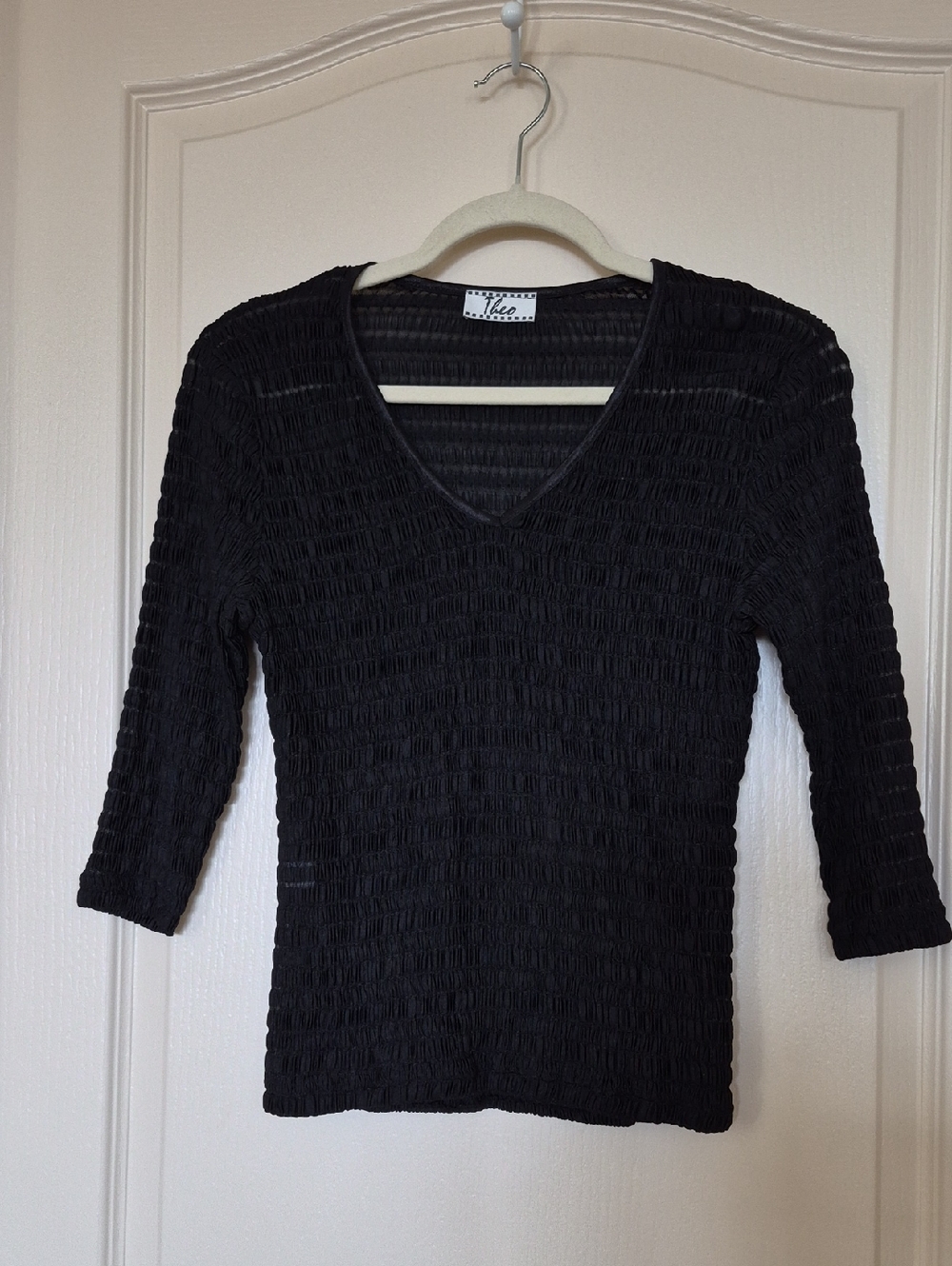 Black Smocked V-Neck Women's Top Size PM